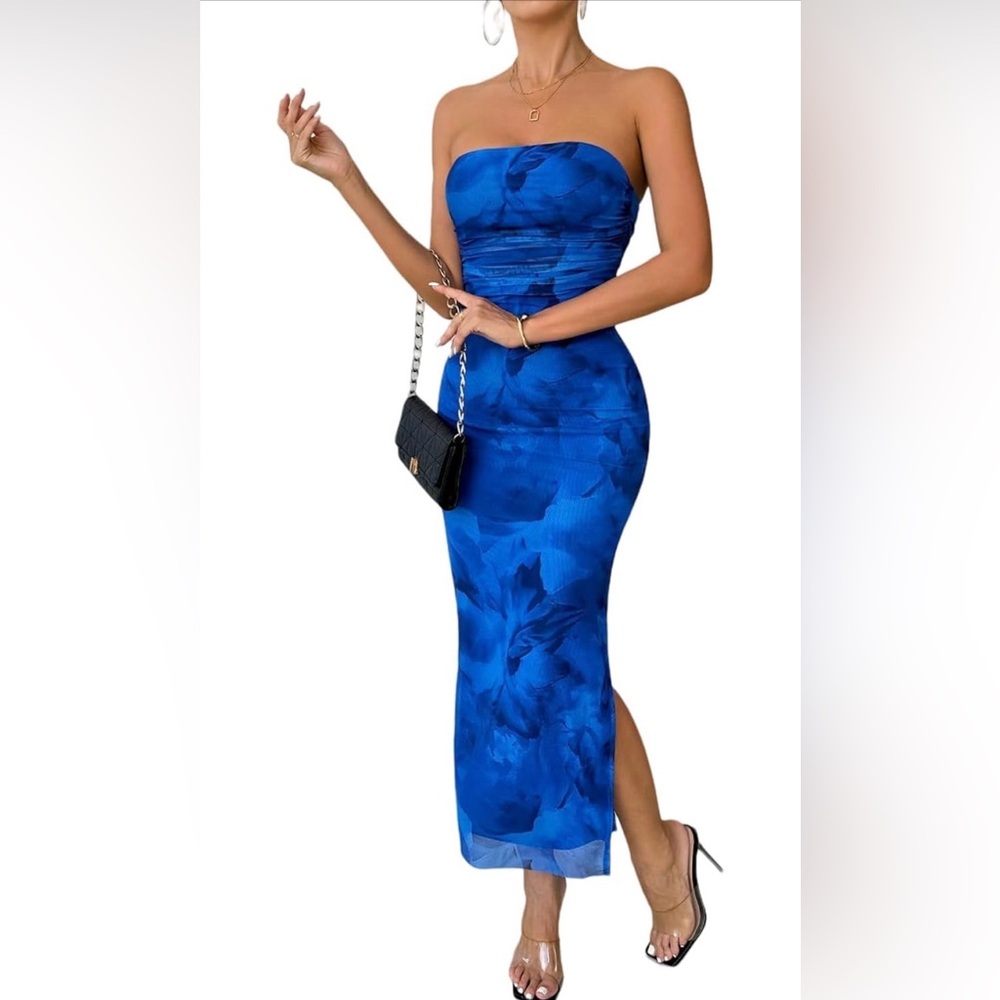 Elegant Blue Floral Women's Dress - Picture 2 of 5
